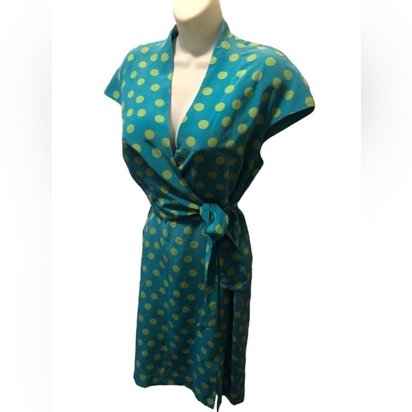 VTG Spenser Jeremy Petites200% Silk Wrap Dress Sz.10 Turquoise Green Polka Dot - Picture 2 of 9